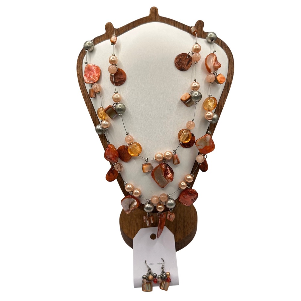 VTG Y2K Orange Shell Pearl Multi Strand Necklace Earring Set Boho‎ Silver Tone